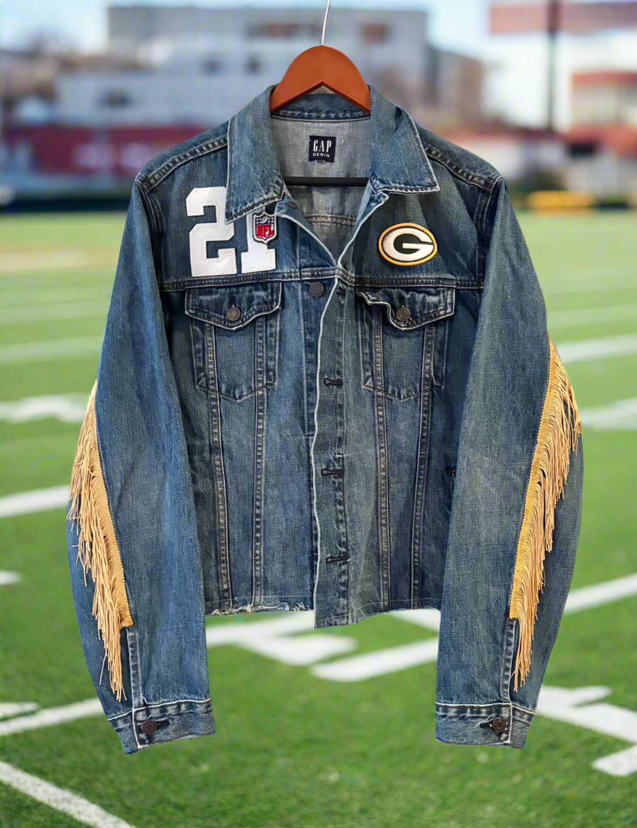 Reworked Distressed cropped Game Day Denim Jean Jacket with Fringe