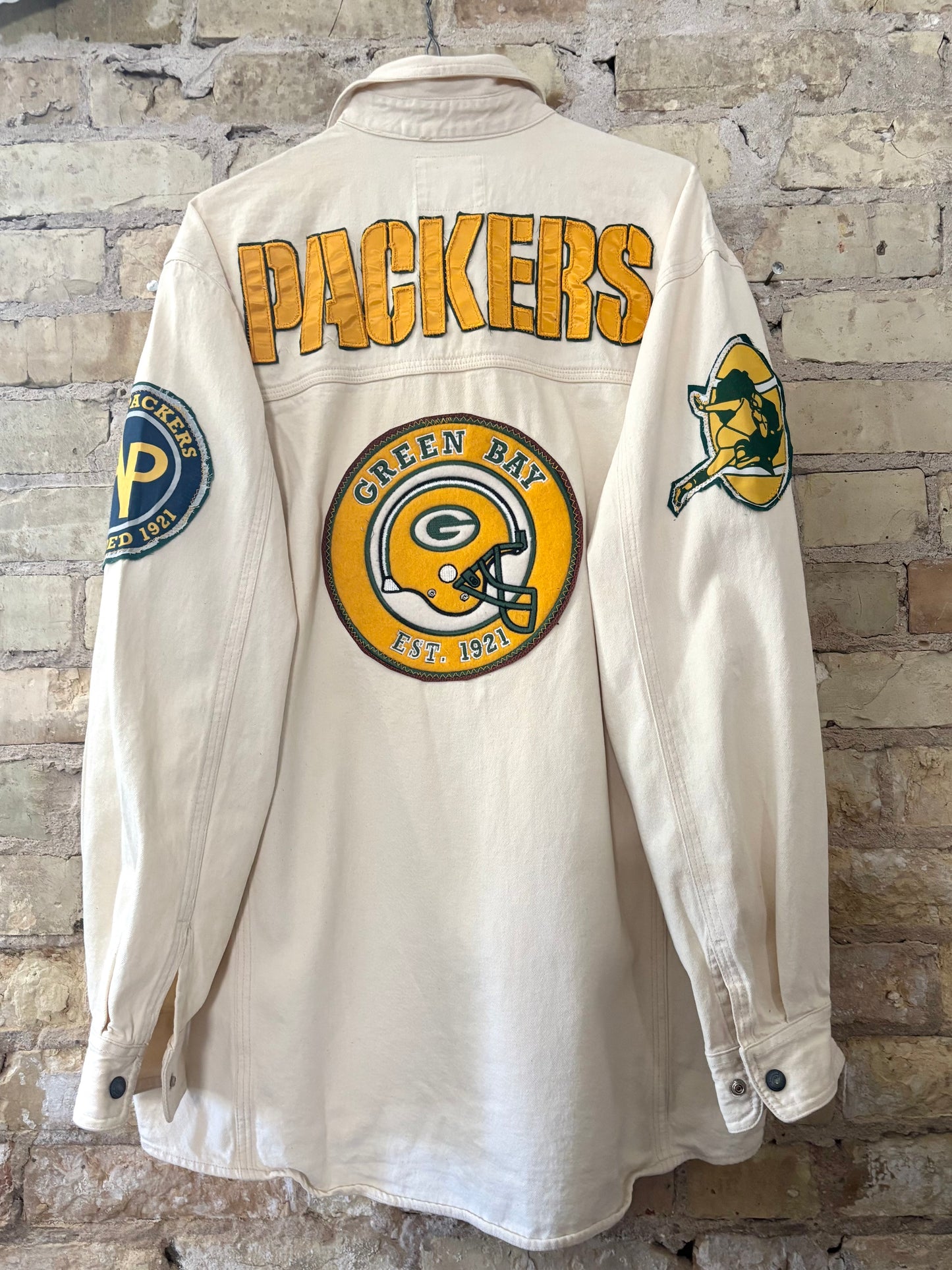 Reworked Retro Packers Game Day Denim snap front work shirt