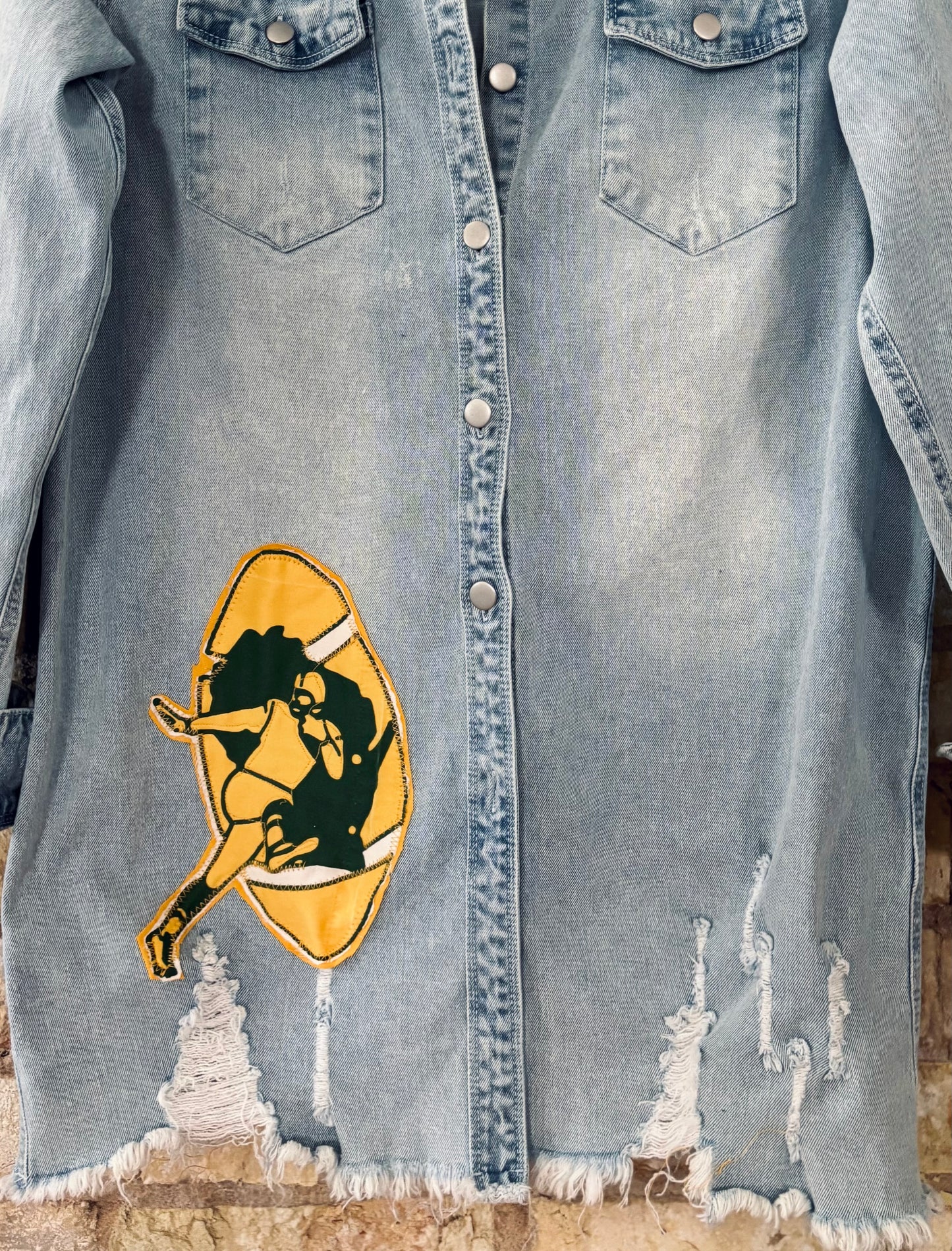 Reworked Packers long distressed Game Day Denim Jean Jacket