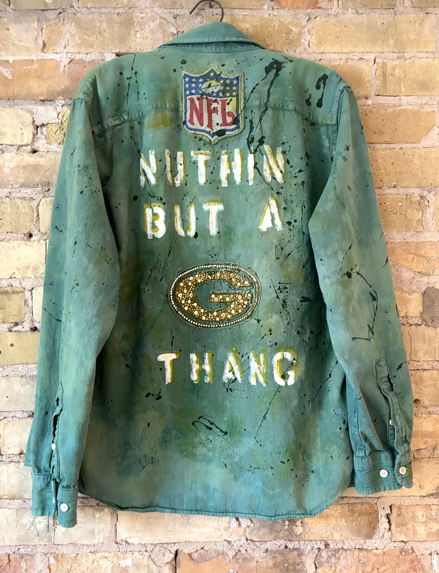 Reworked Retro over dyed Splattered Game Day Denim Jean Shirt