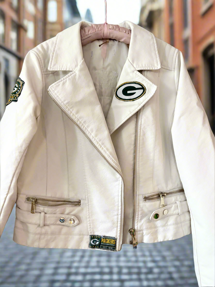 Reworked White Leather Moto Game Day Jacket