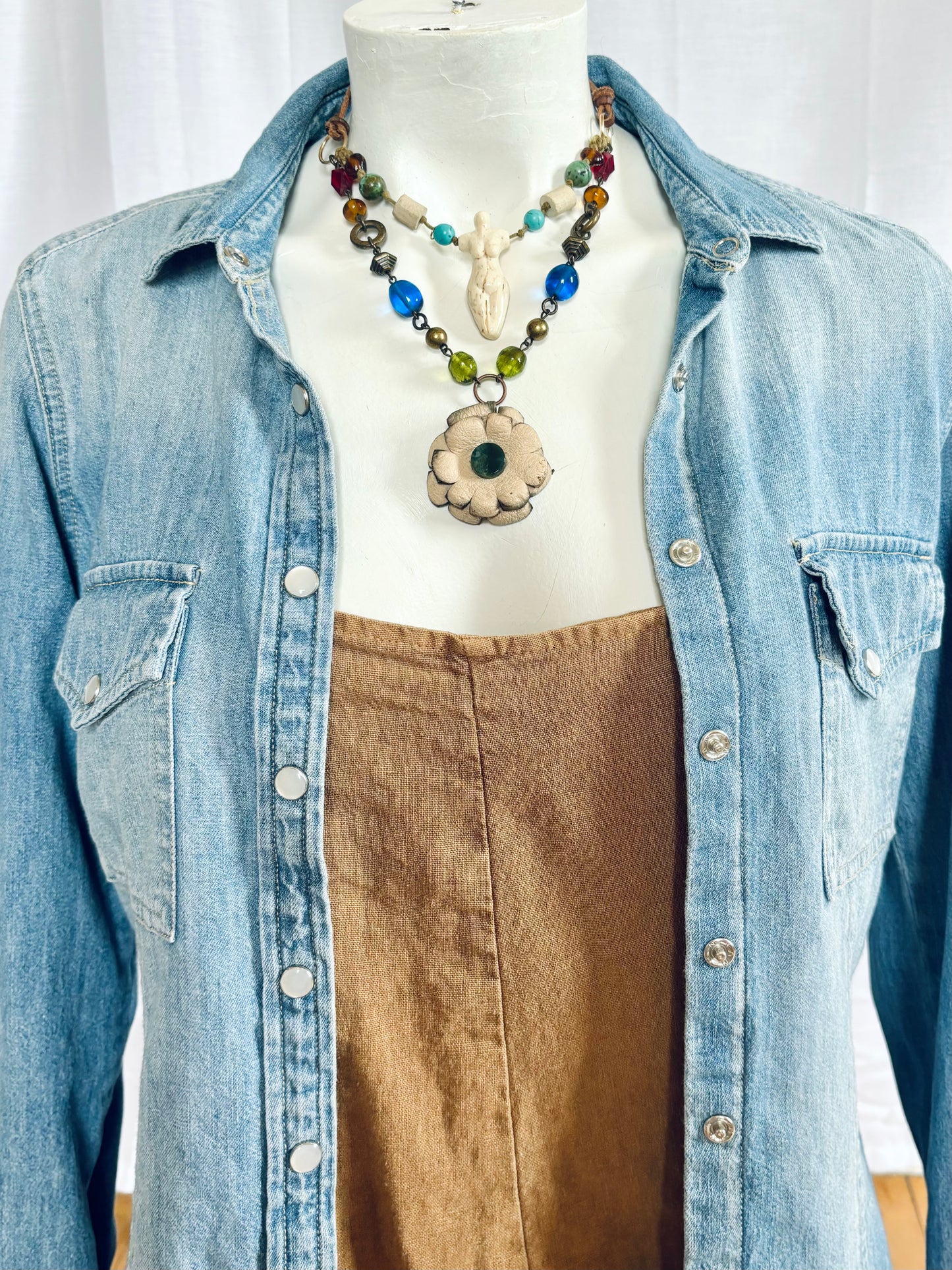 Double Strand leather & Glass Bead Boho Flower necklace