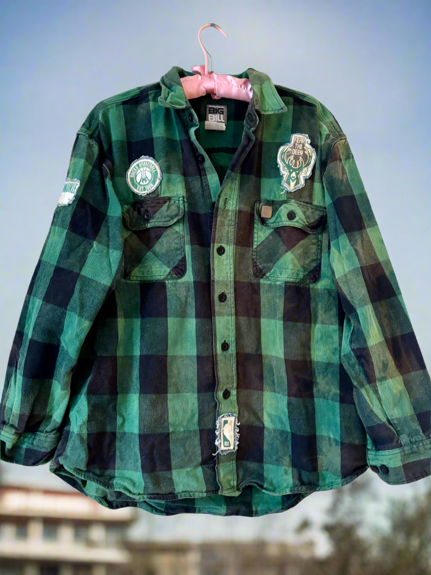 Reworked Bucks Distressed Game Day Flannel Shirt