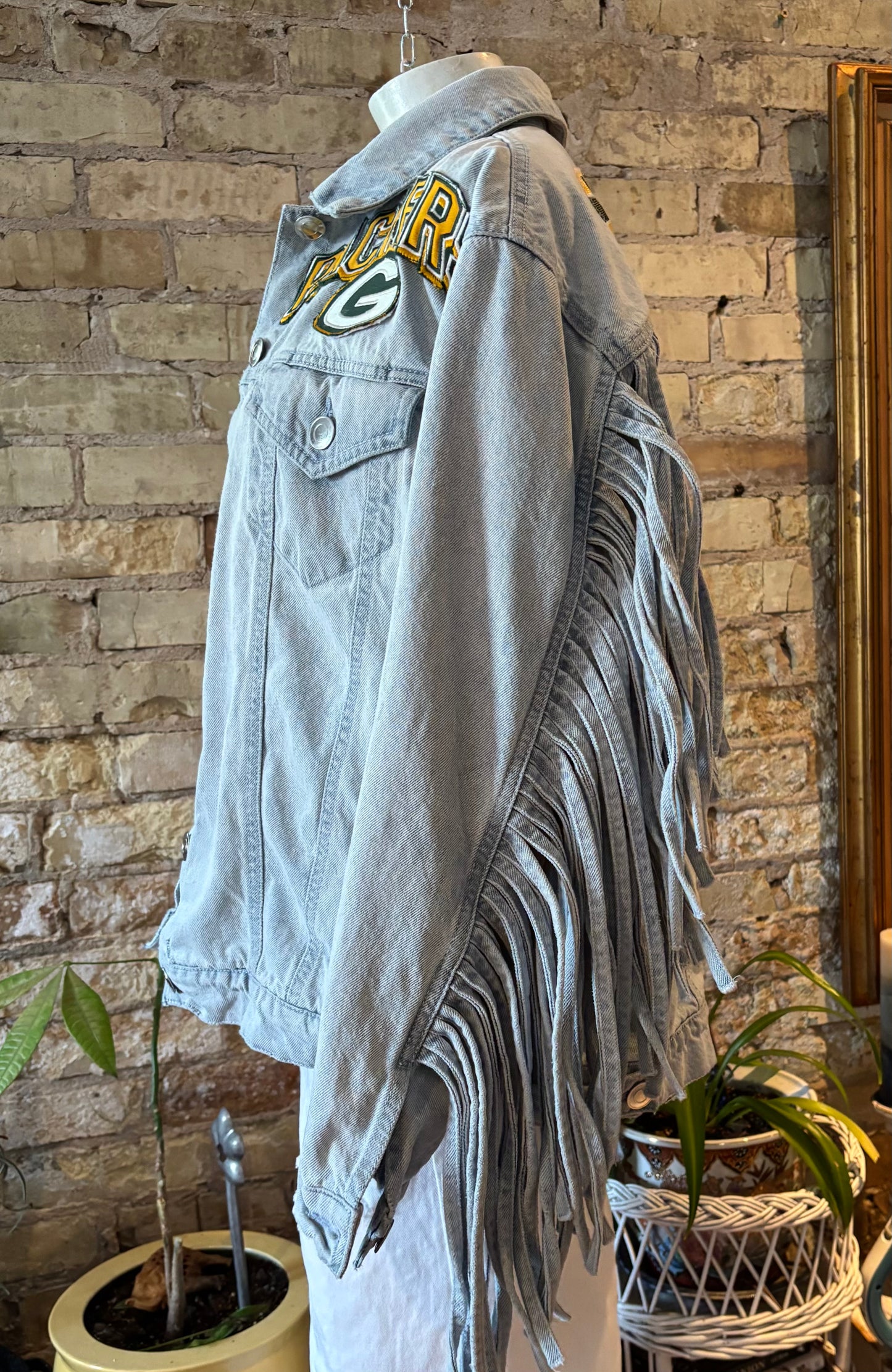 Reworked Vintage Boho Fringe Game Day Denim Jean Jacket