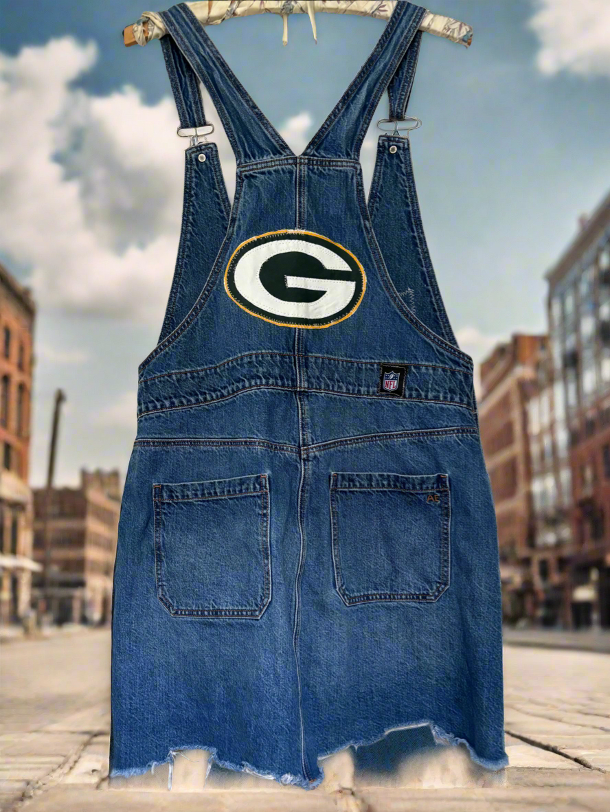 Reworked Distressed Denim GameDay Bib Overalls Dress