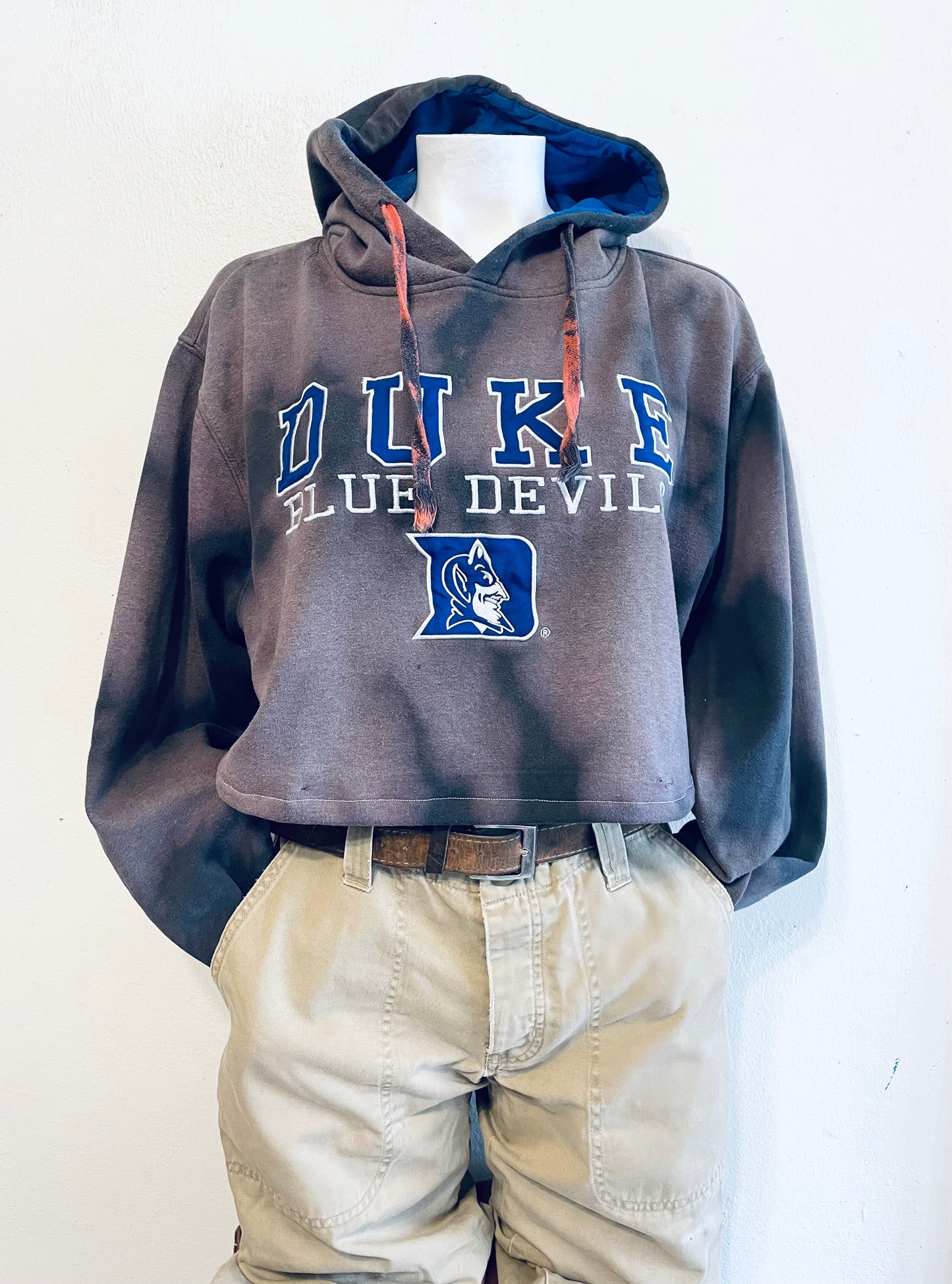Reworked 90s Duke Blue Devils Cropped & Distressed Hoodie