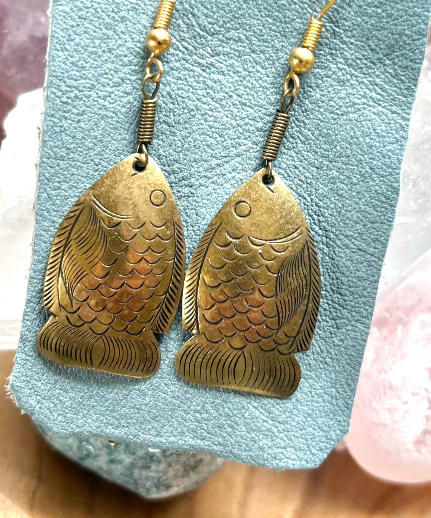 Vintage Etched Brass floating Fish Earrings
