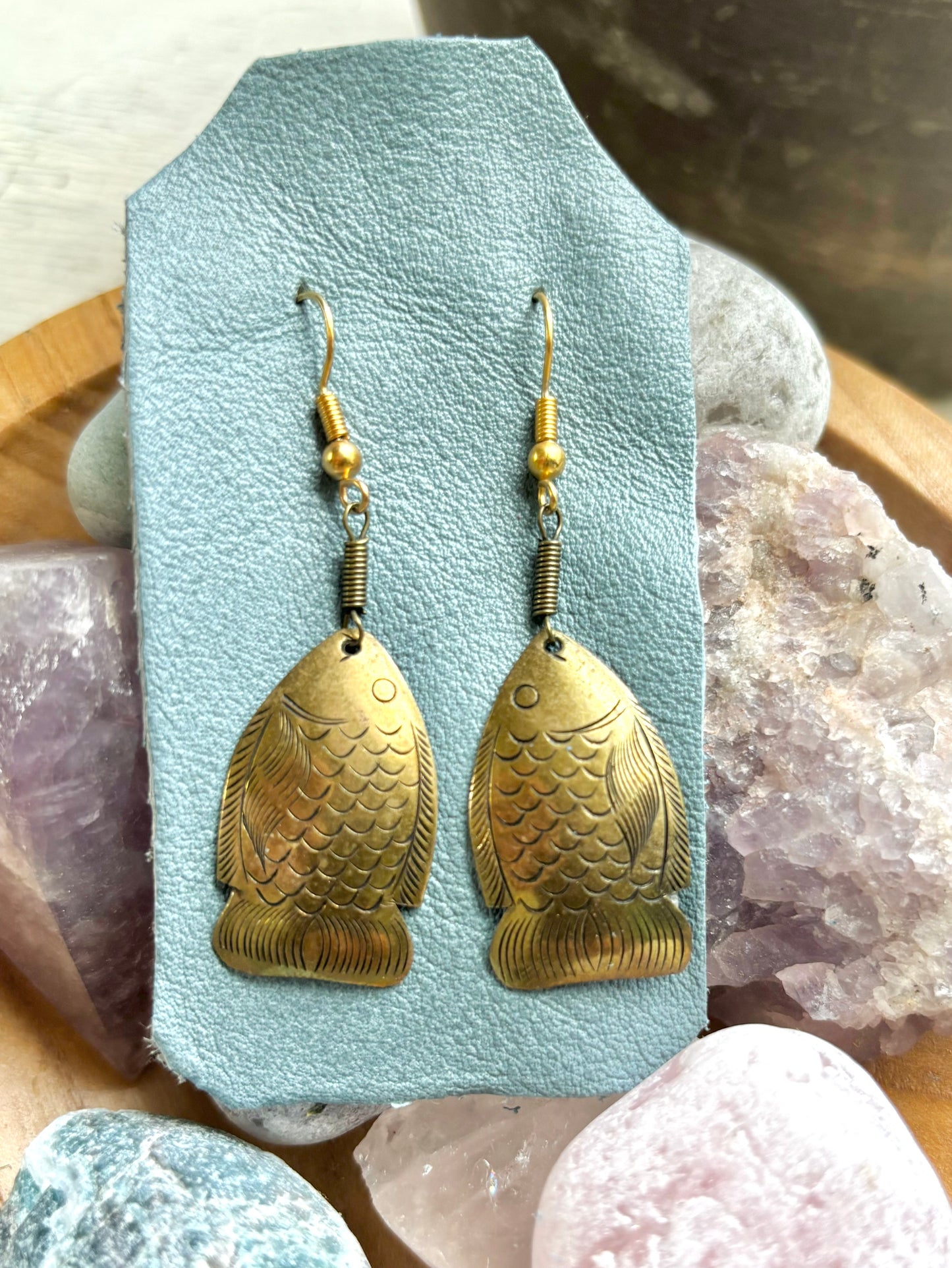 Vintage Etched Brass floating Fish Earrings