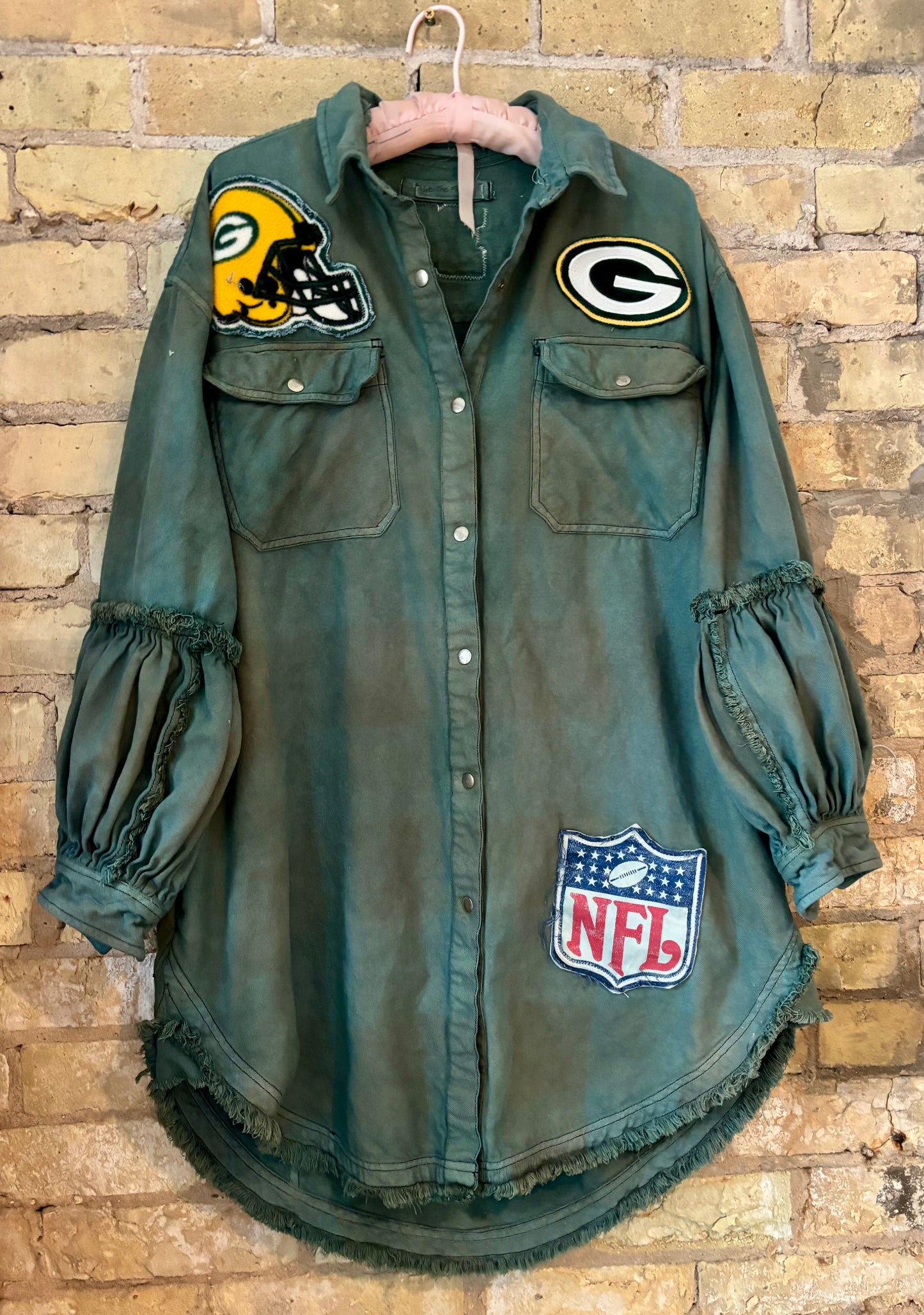 Reworked oversized distressed Game Day Flannel with Pockets