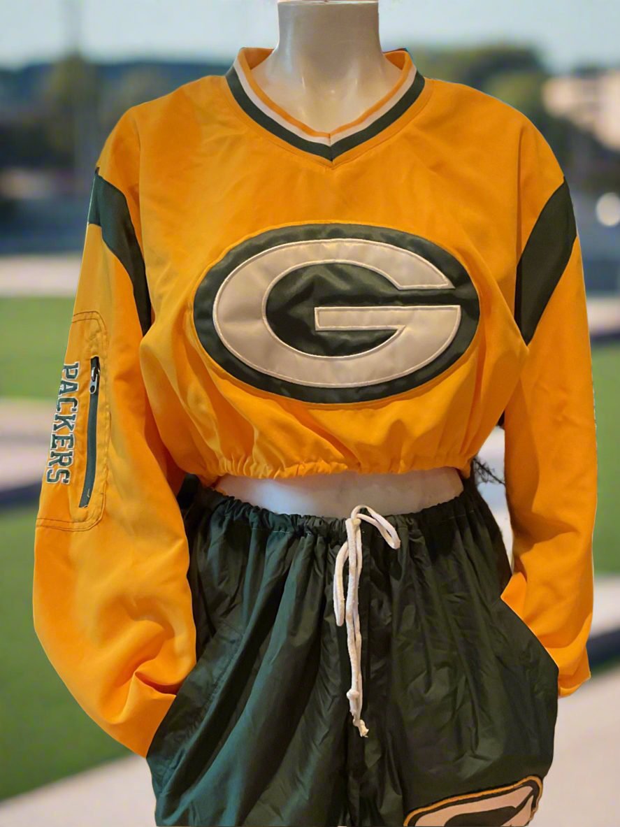 Vintage Green Bay Packers V Neck Cropped Windbreaker