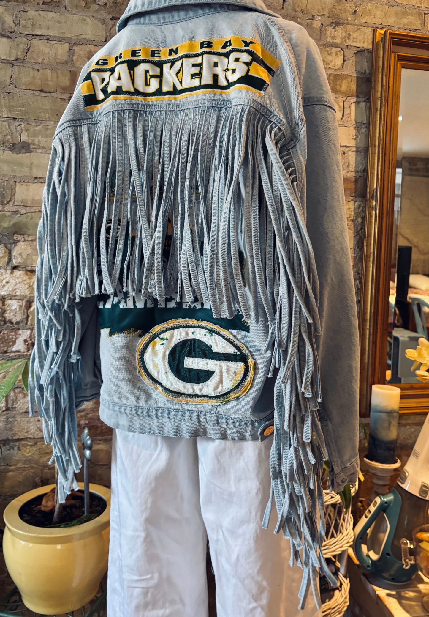 Reworked Vintage Boho Fringe Game Day Denim Jean Jacket
