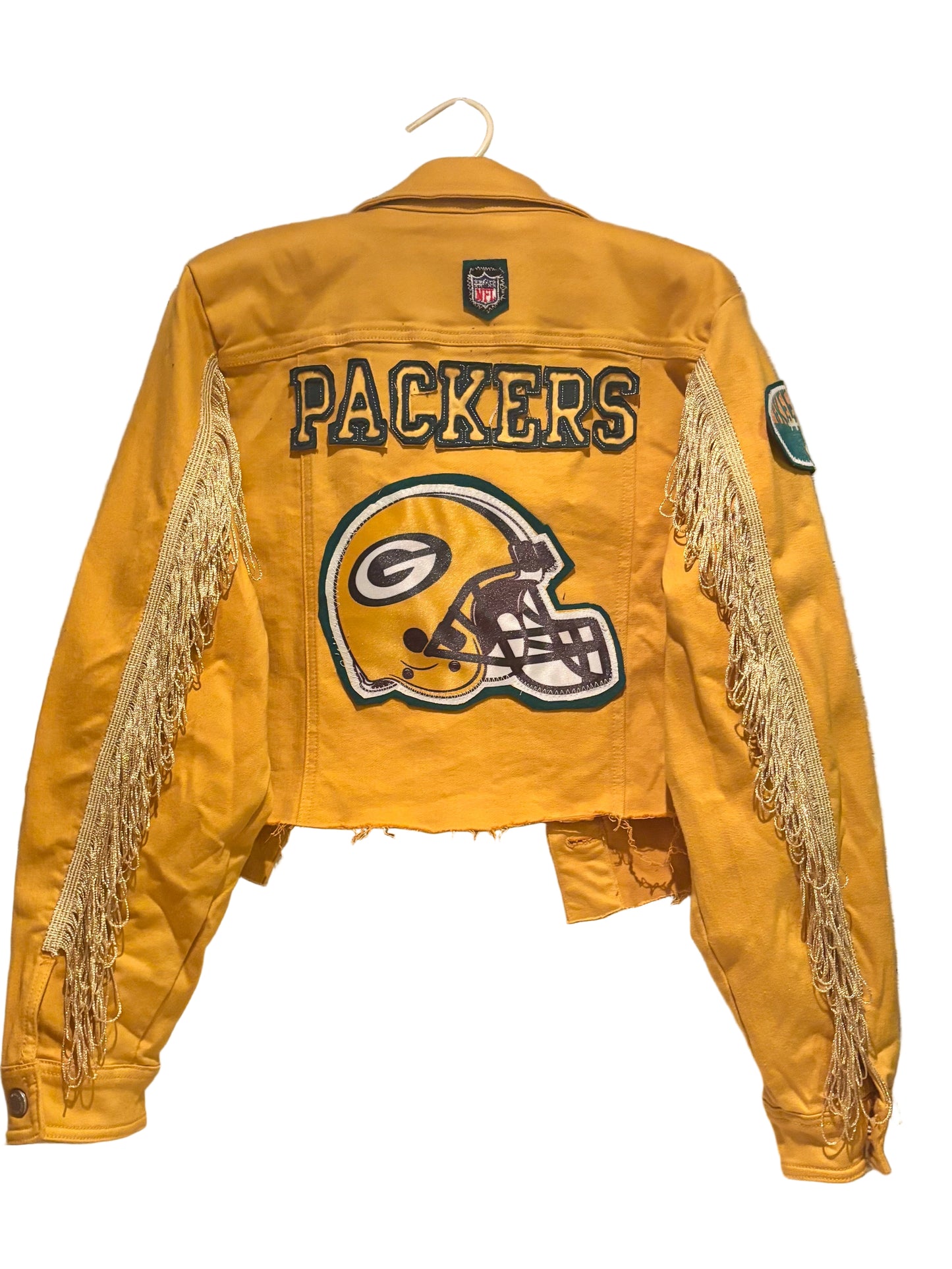 Reworked Packers over dyed Game Day Denim Jean Jacket with Fringe