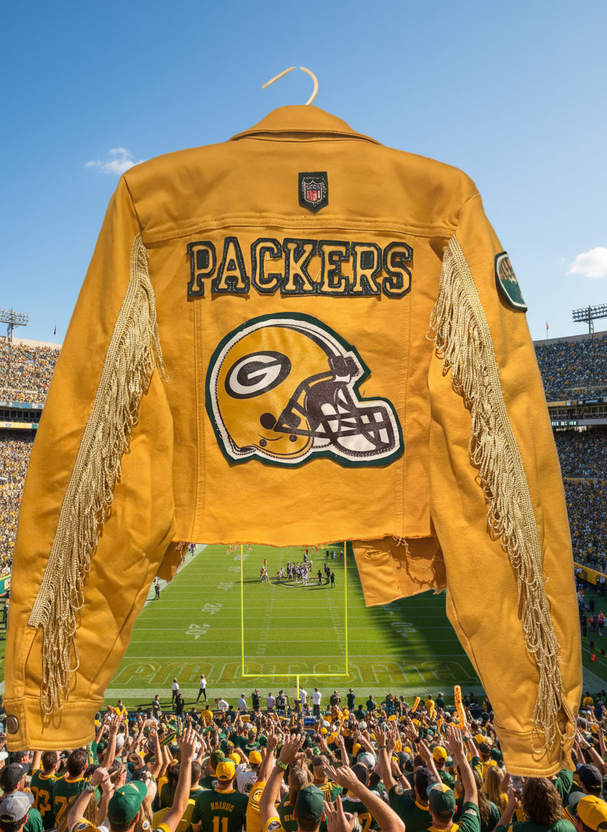 Reworked Packers over dyed Game Day Denim Jean Jacket with Fringe