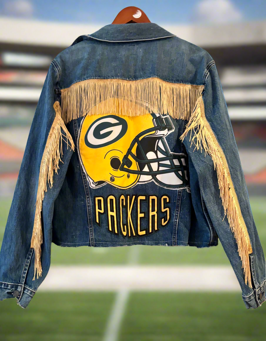Reworked Distressed cropped Game Day Denim Jean Jacket with Fringe
