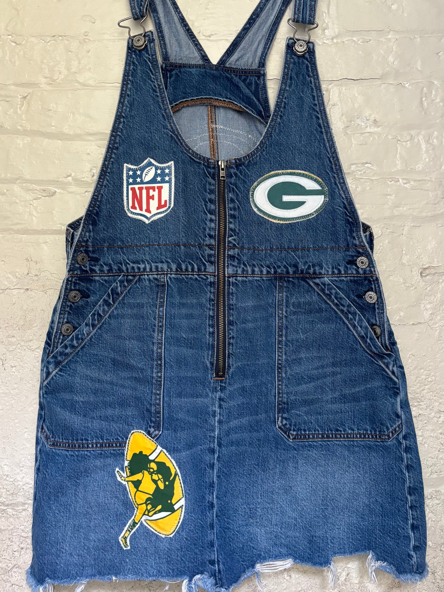 Reworked Distressed Denim GameDay Bib Overalls Dress