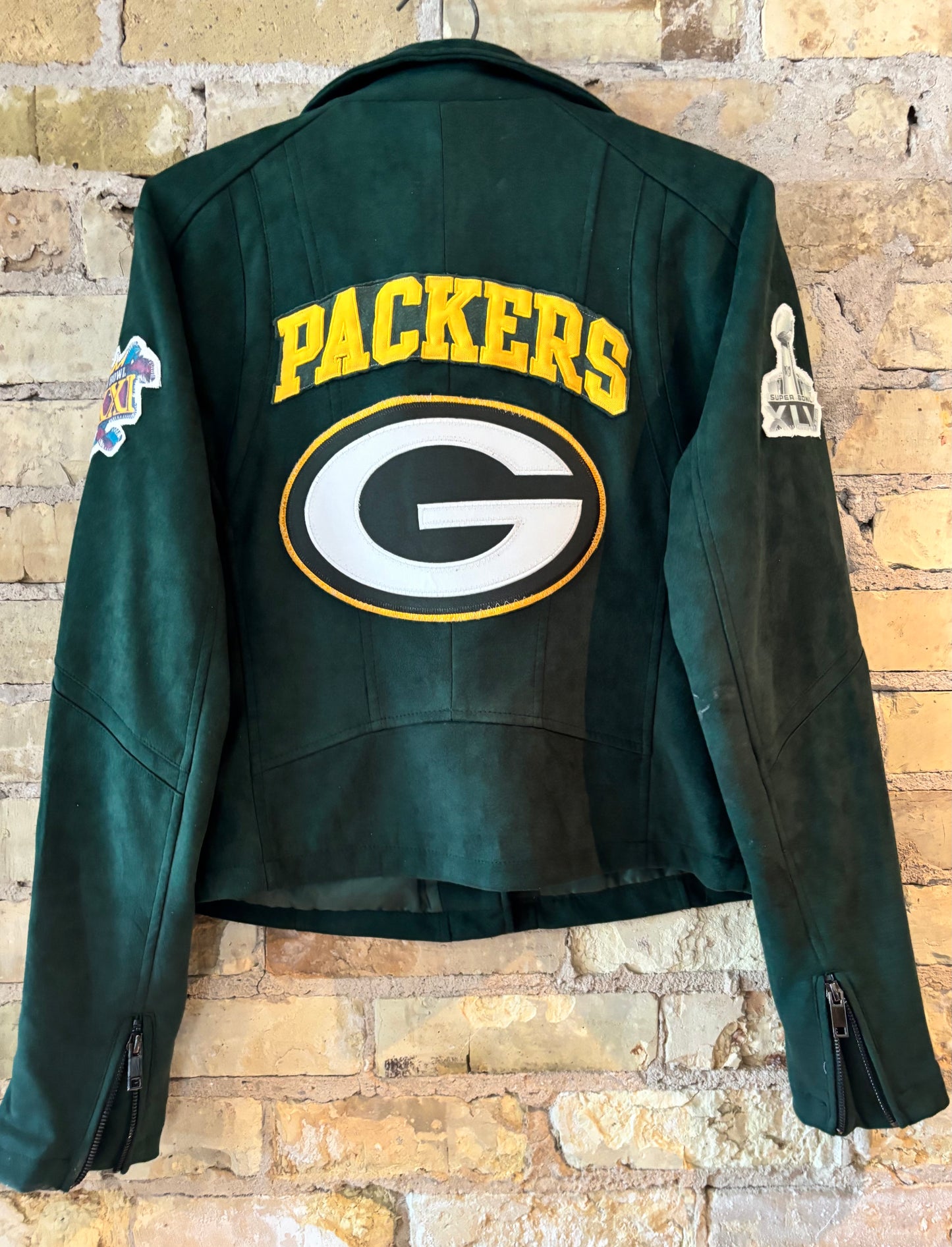 Reworked Green Moto Style velvet Packers Game Day Jacket