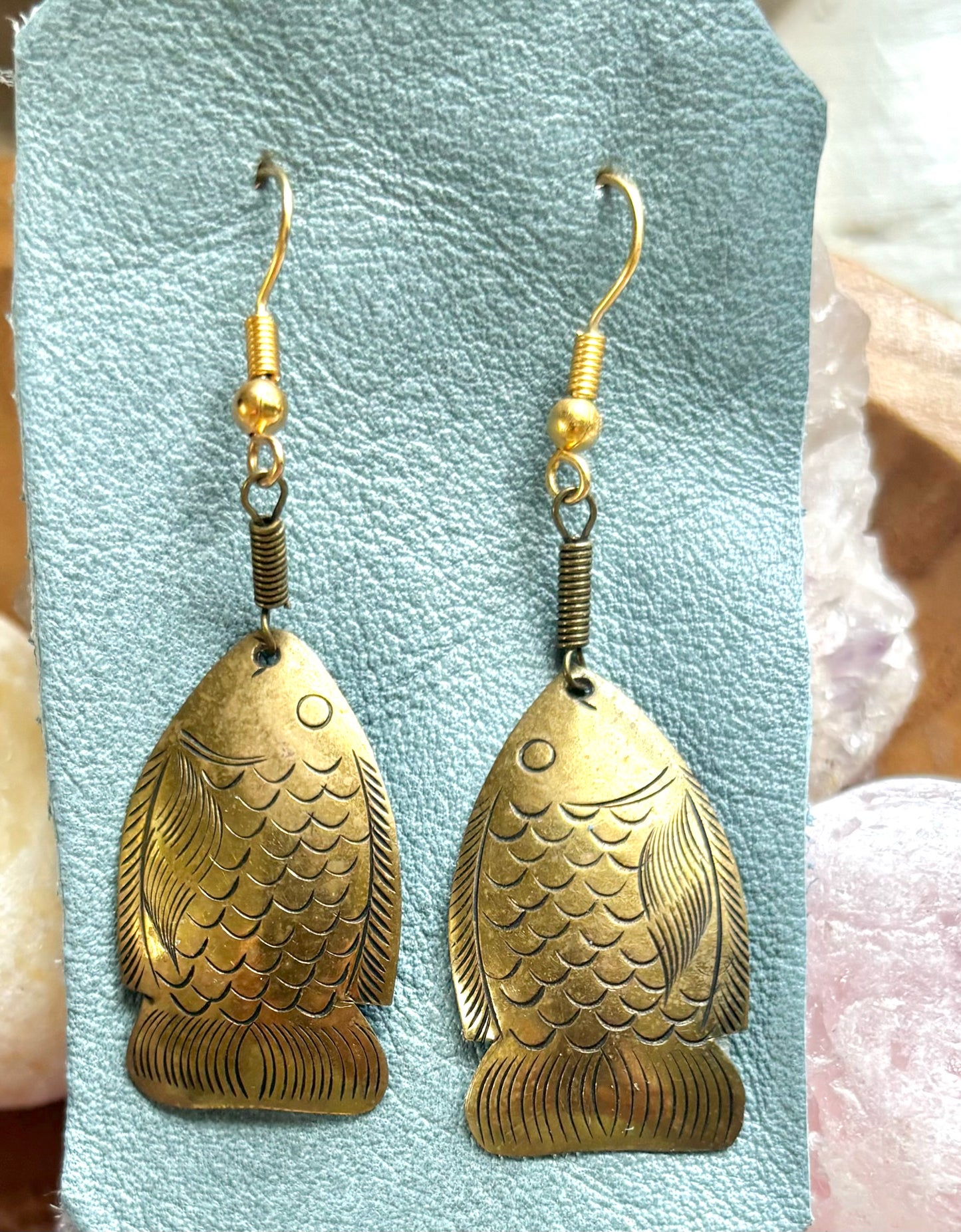 Vintage Etched Brass floating Fish Earrings