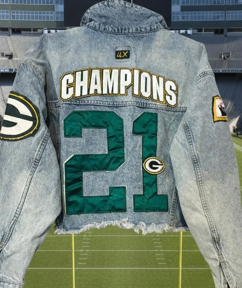 Reworked Retro Stone Washed cropped GameDay Denim Jean Jacket