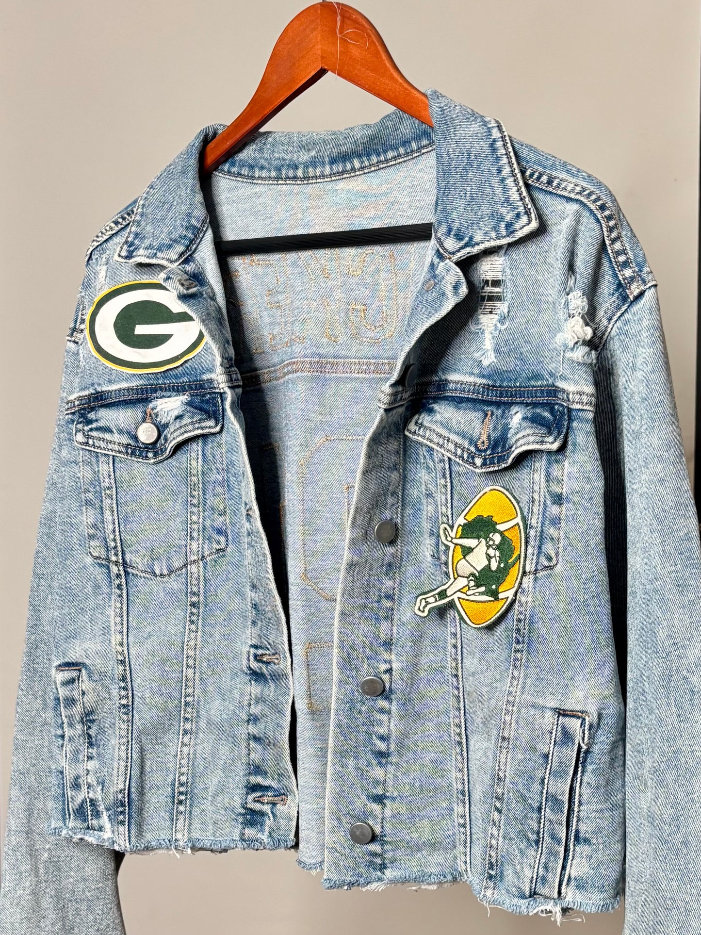 Distressed Game Day Cropped Denim Jean Jacket