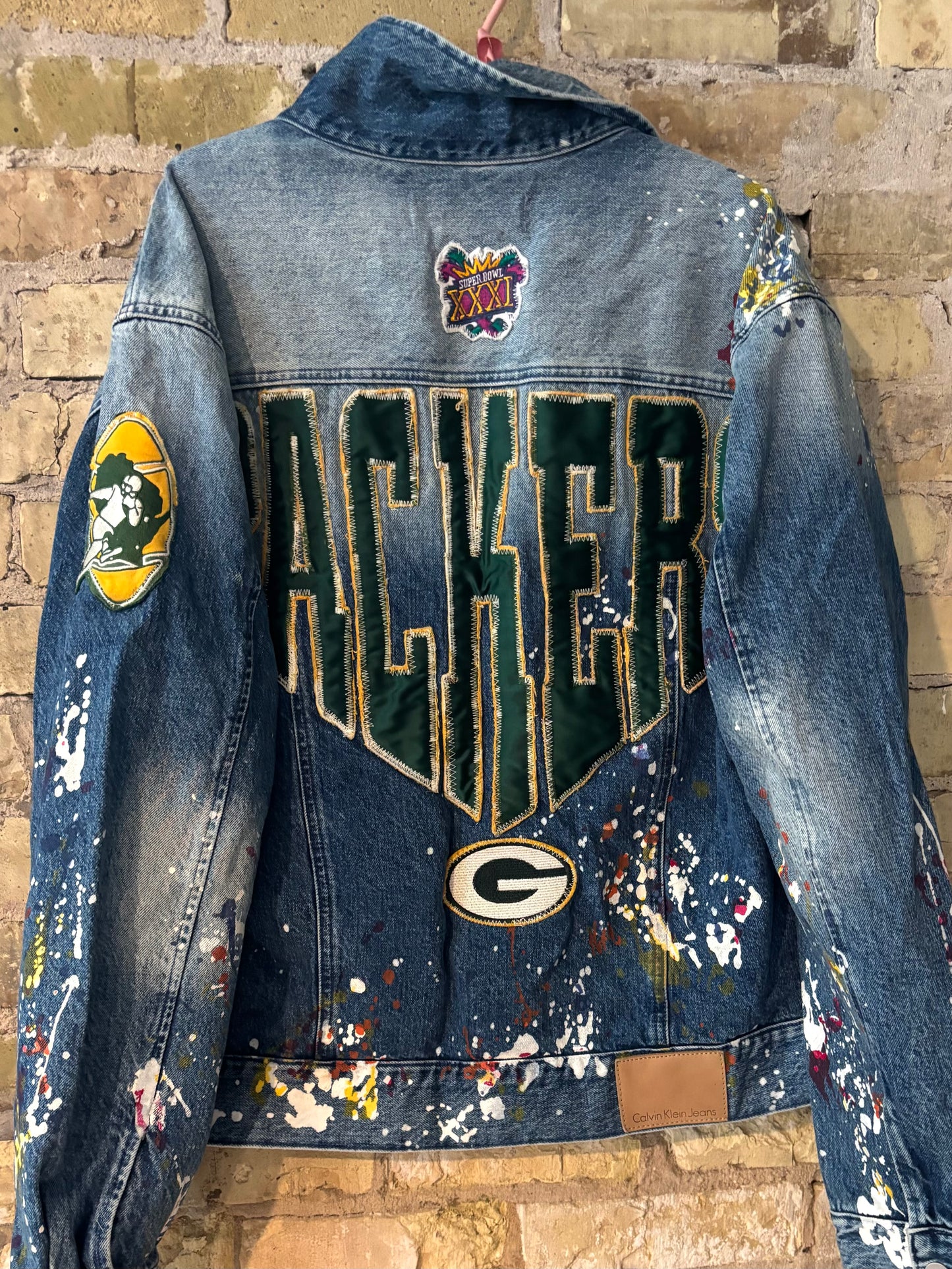 Retro Distressed Game Day Paint Splattered Denim Jean Jacket