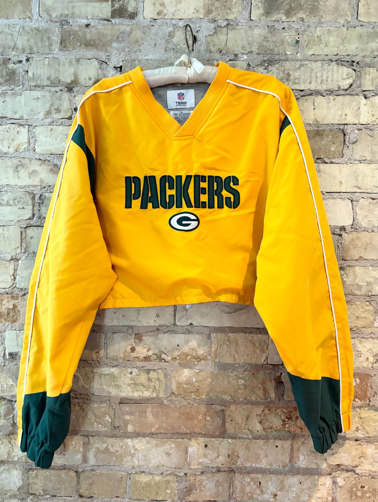 Reworked Retro Green Bay Packers Cropped Color Block V Neck Windbreaker