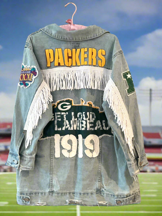 Reworked Oversized Game Day Denim Jean Jacket with Fringe