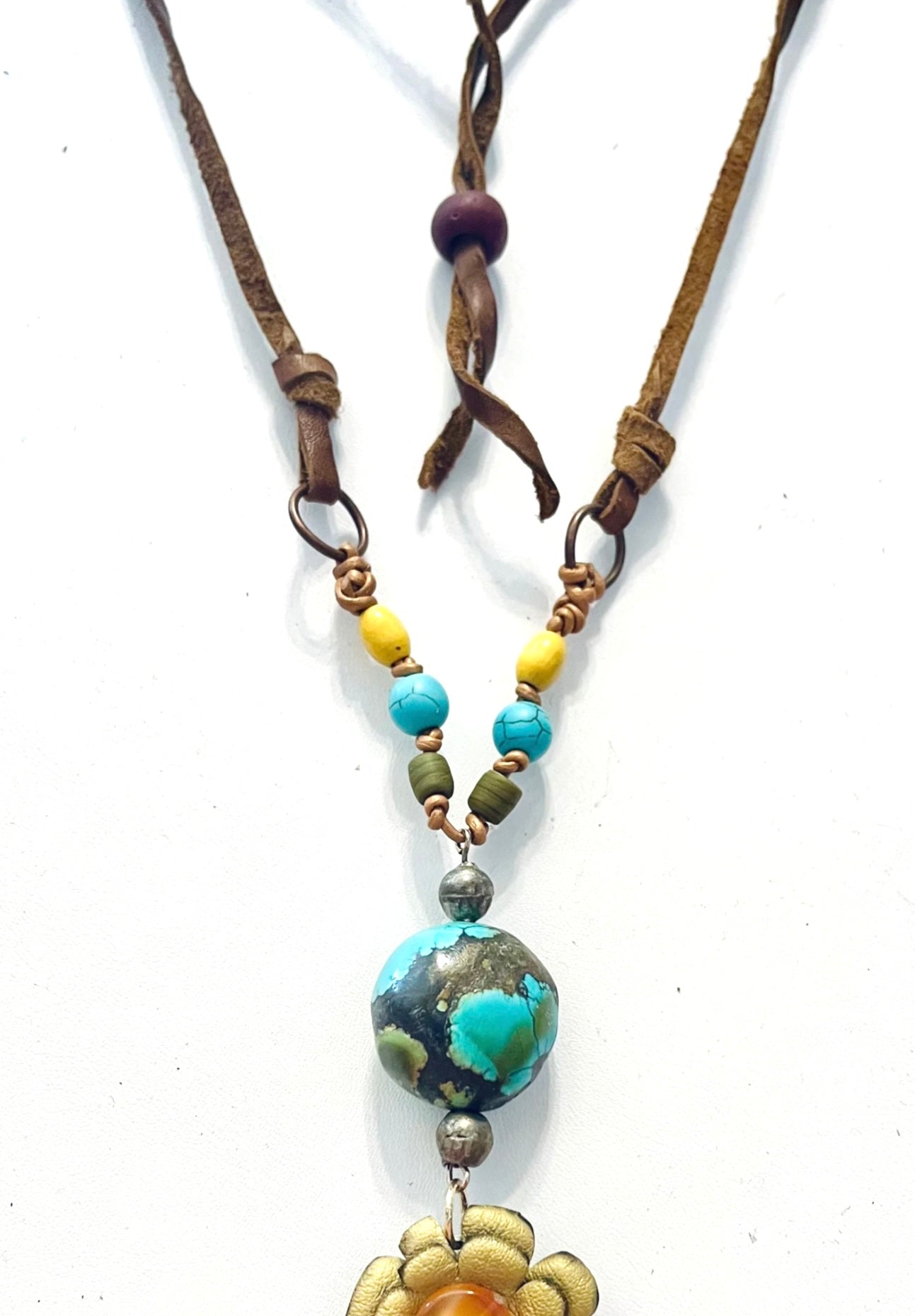 Artisan leather and turquoise Boho necklace