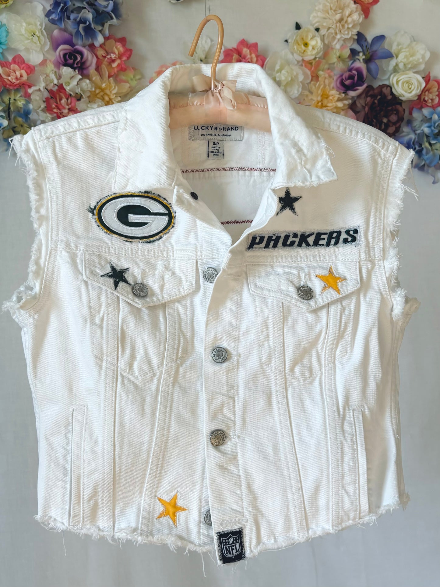 Reworked Packers cropped Game Day Denim Jean Vest