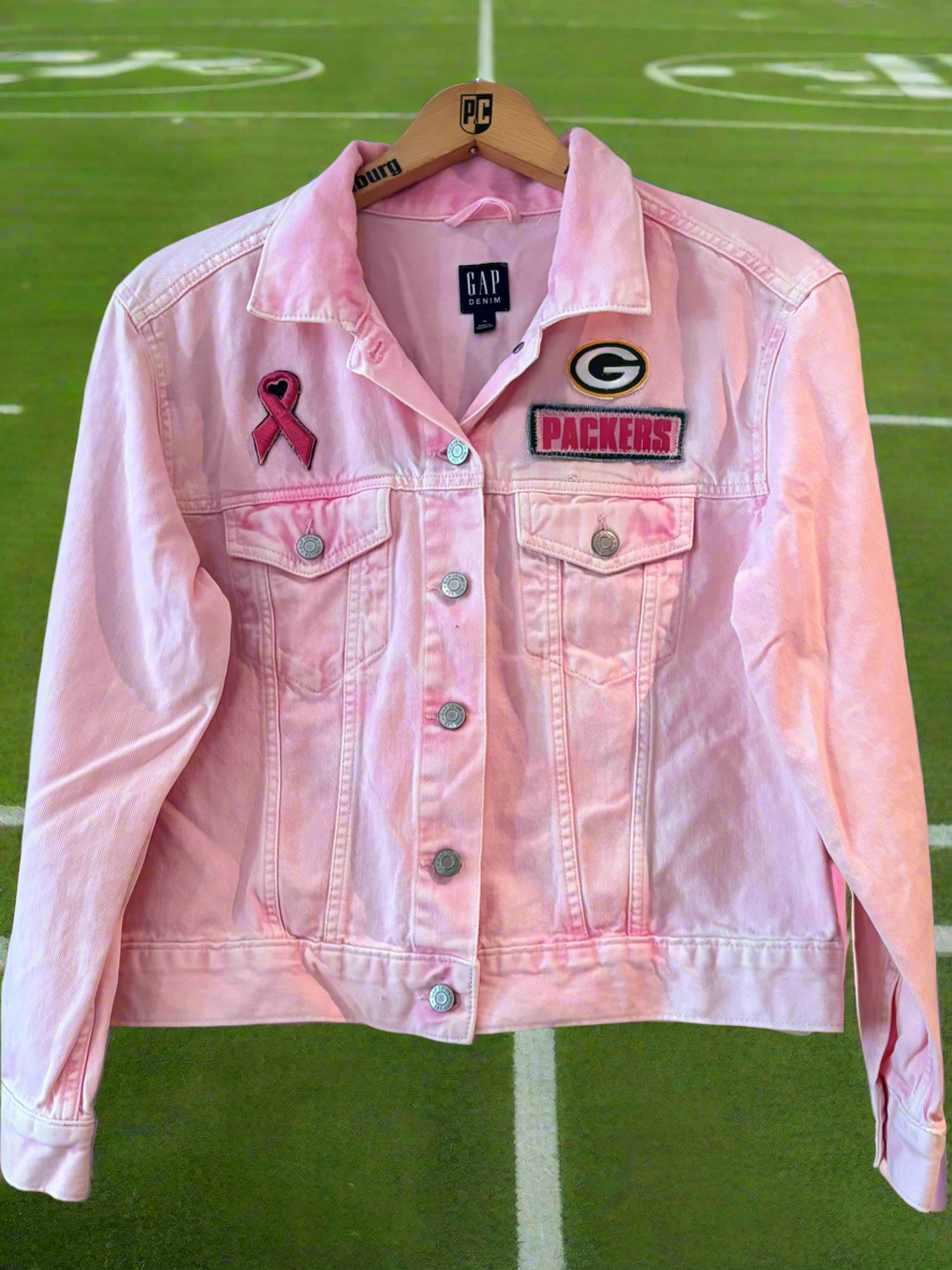 Reworked overdyed Retro Game Day Breast Cancer Awareness Denim Jean Jacket