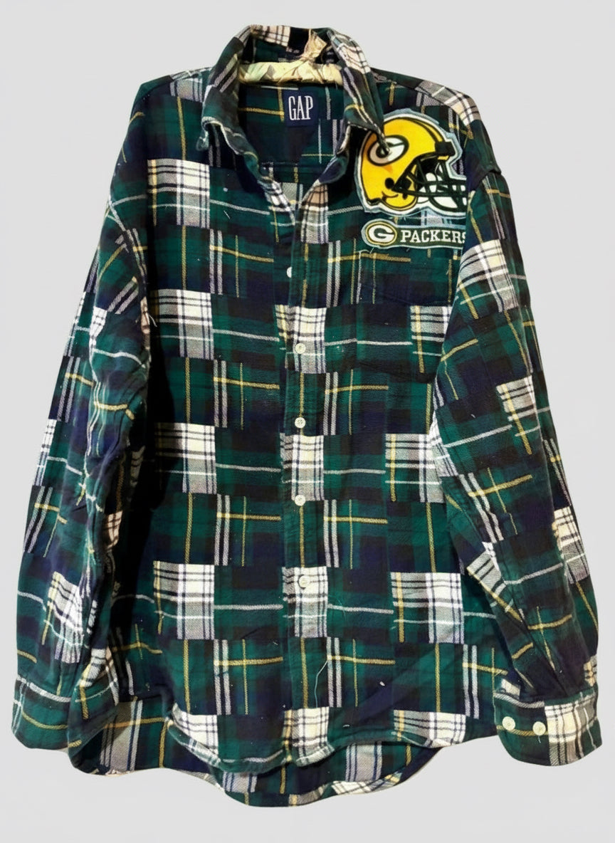 Reworked Packers Game Day Patchwork Flannel Shirt