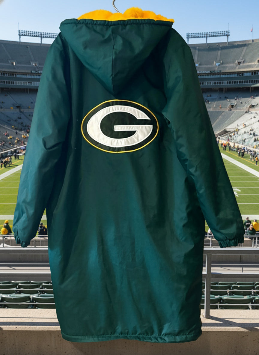 Vintage Fur Lined Green & Gold Game Day Stadium Player Parka