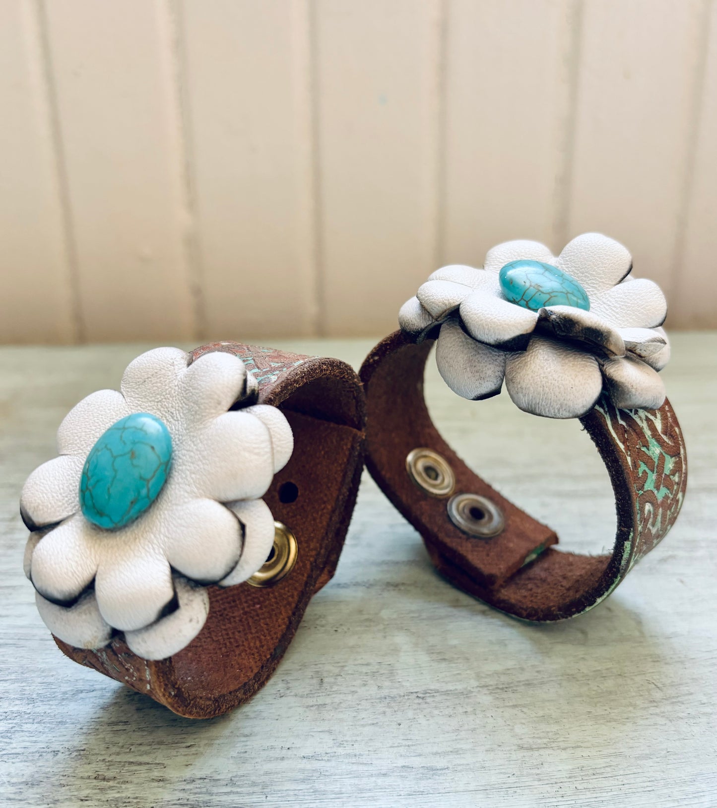 Hand Tooled Reclaimed Leather Flower Bracelet