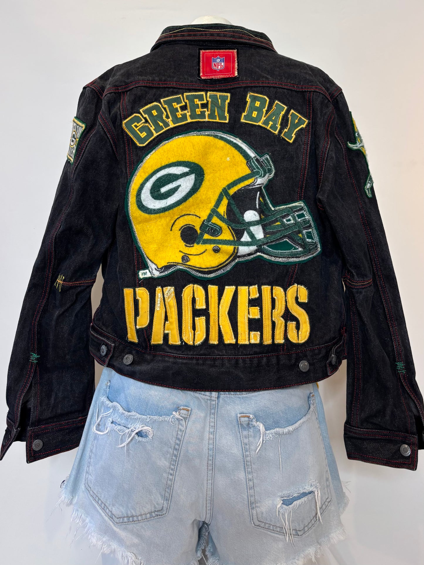 Retro Black Color Stitched Game Day  Denim Jean Jacket