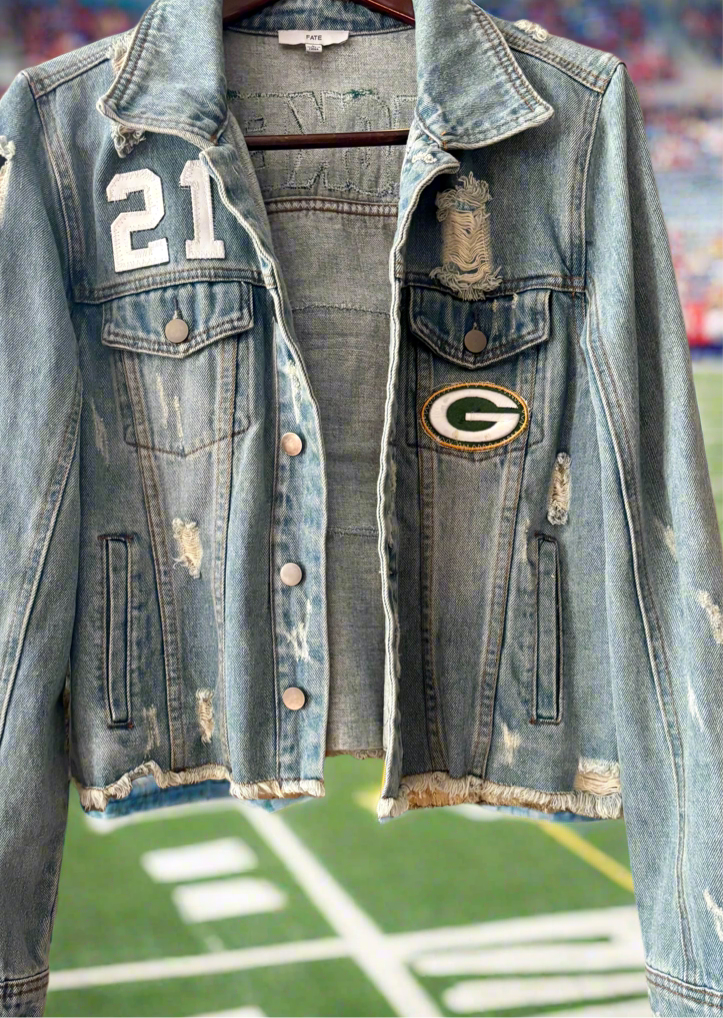 Reworked Distressed Game Day cropped Denim Jean Jacket with Fringe