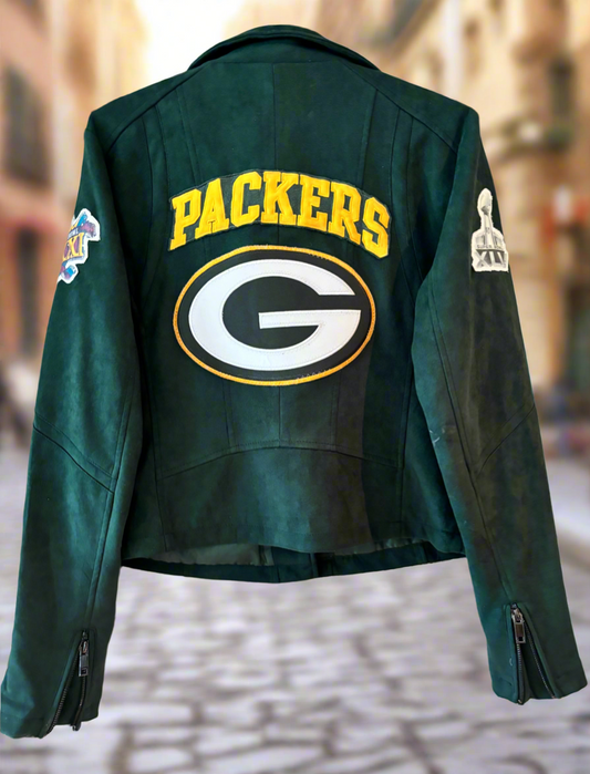 Reworked Green Moto Style velvet Packers Game Day Jacket