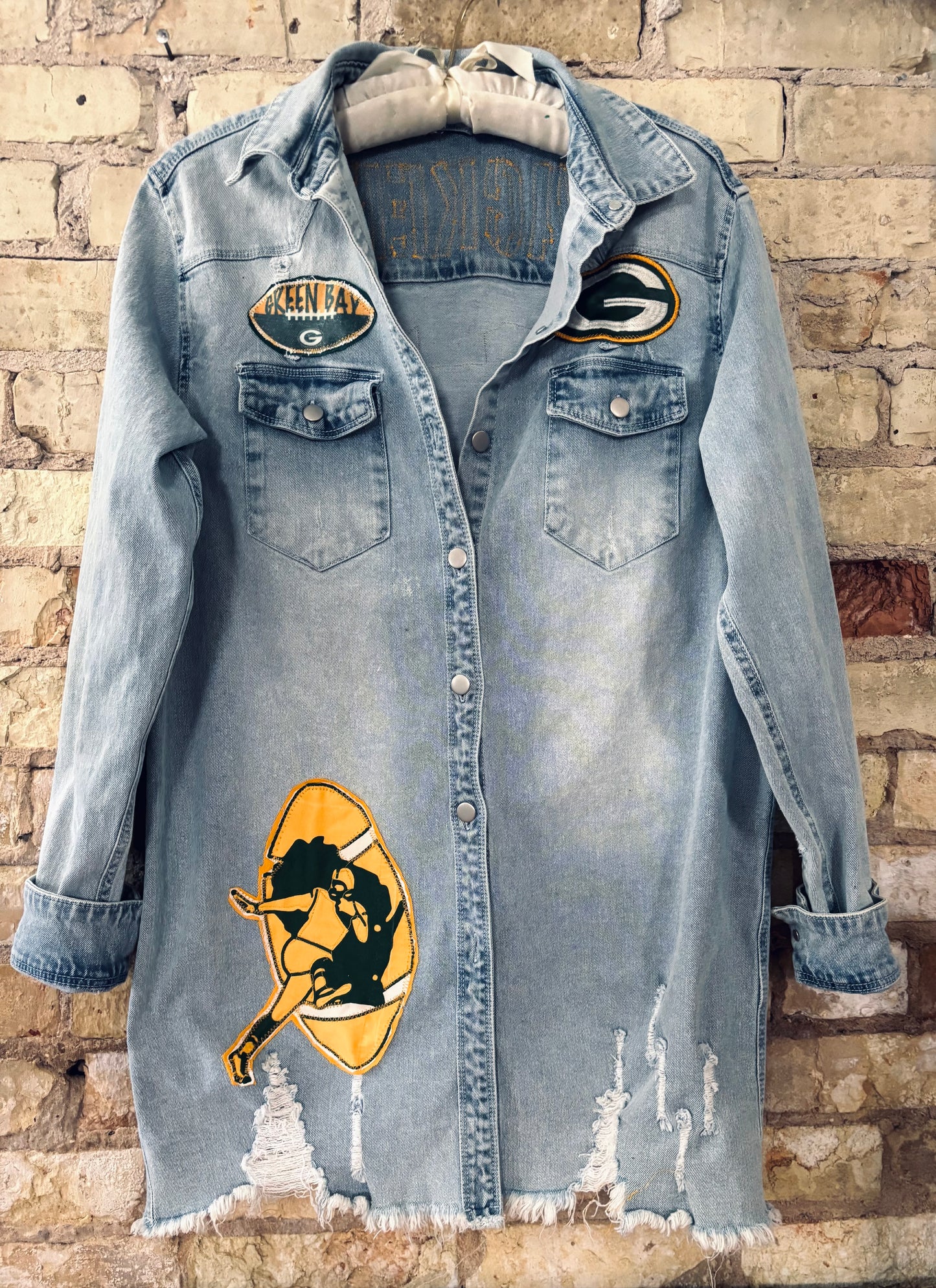Reworked Packers long distressed Game Day Denim Jean Jacket