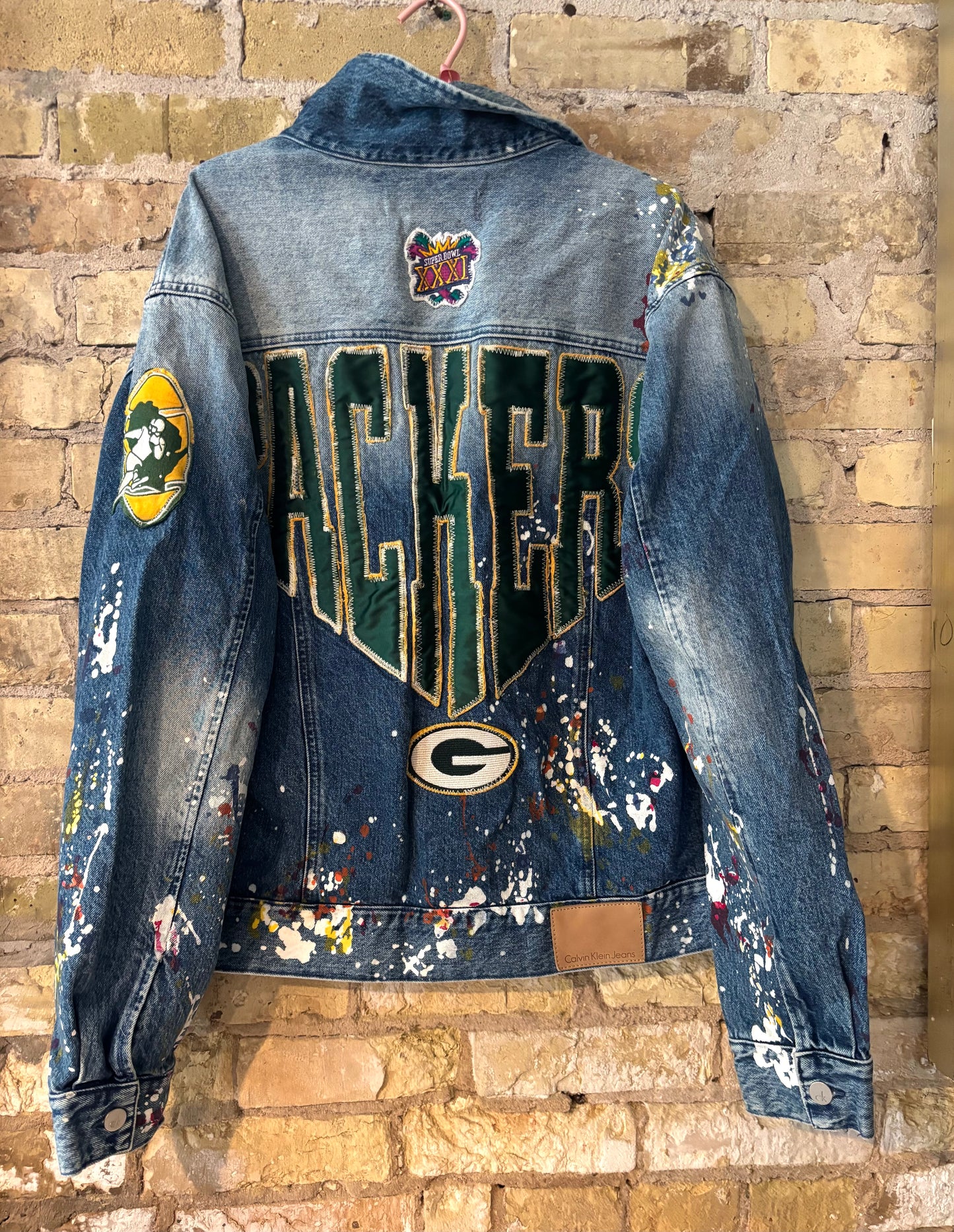 Retro Distressed Game Day Paint Splattered Denim Jean Jacket