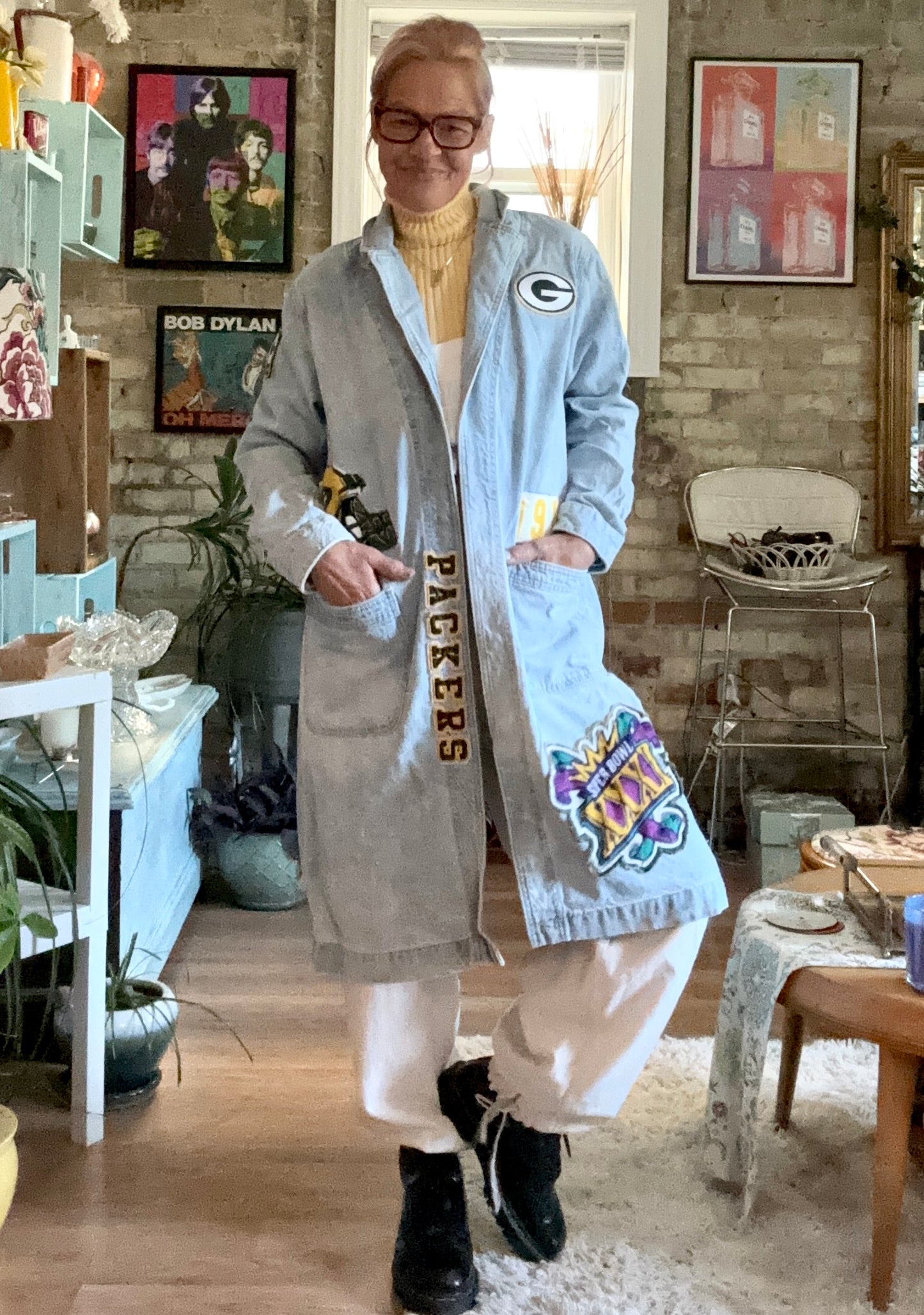 Reworked Packers Retro Game Day Denim Duster Coat