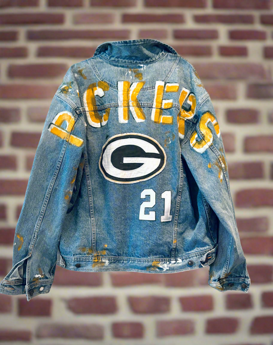Reworked Retro Stone Washed Game Day Trucker Denim Jean Jacket