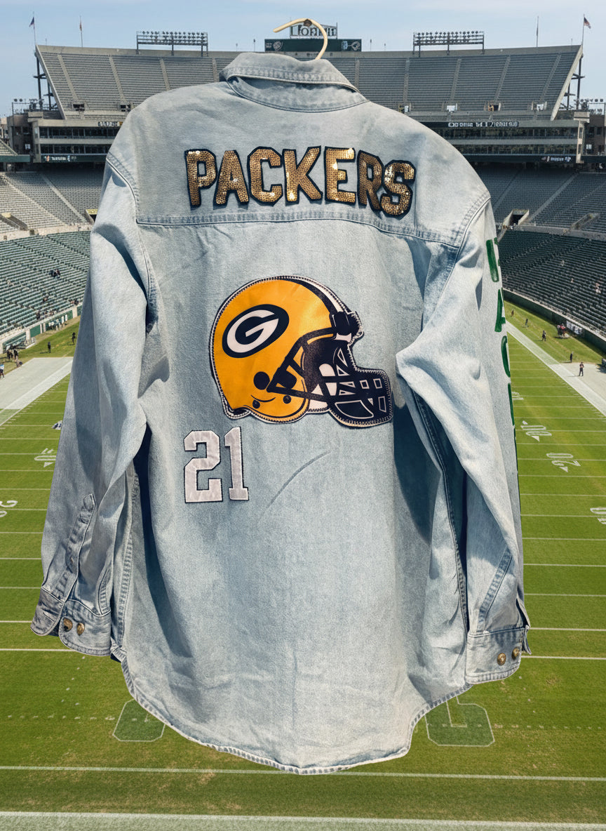 Reworked Packers 90’s Retro Game Day Denim Jean Shirt