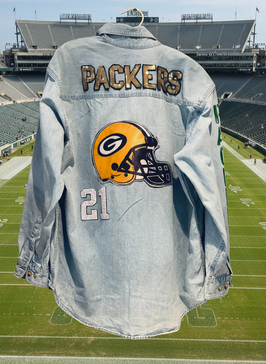 Reworked Packers 90’s Retro Game Day Denim Jean Shirt