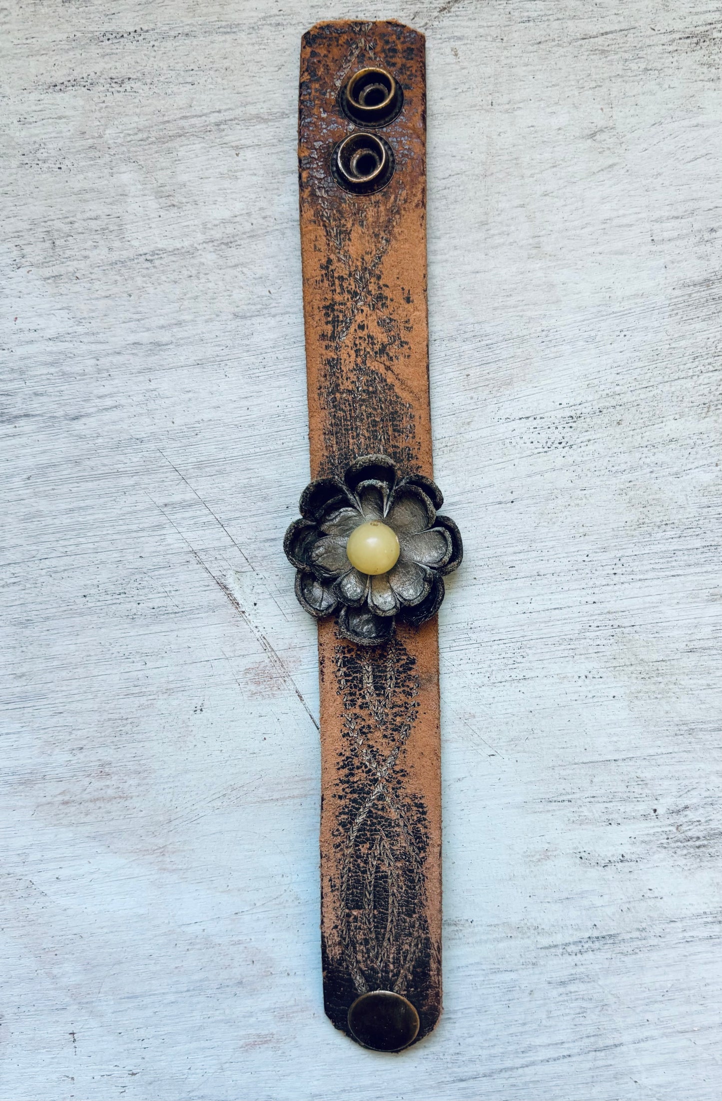 Handmade Distressed Leather Flower Bracelet