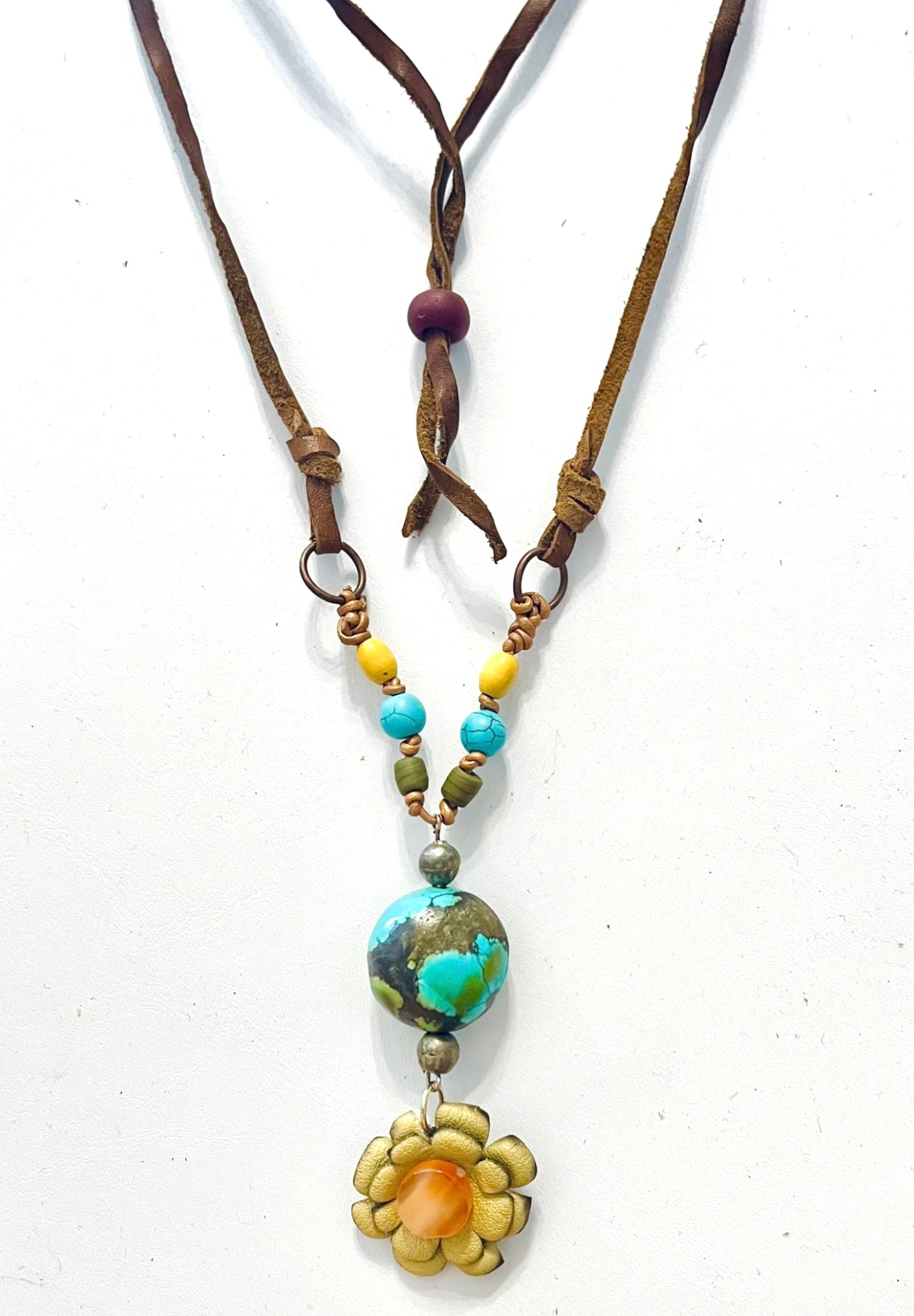 Artisan leather and turquoise Boho necklace