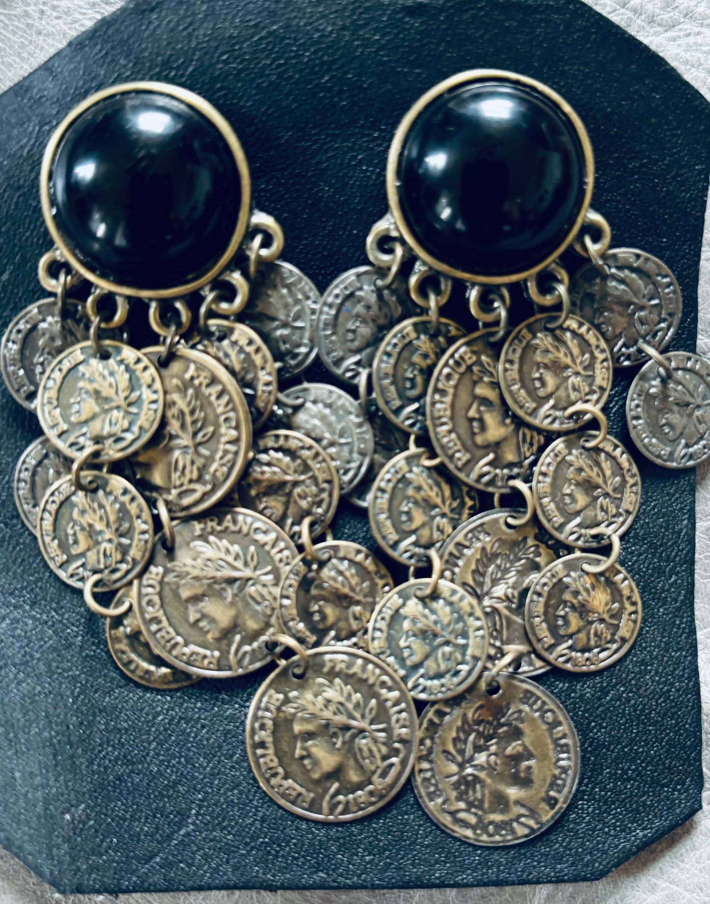 Vintage Antique Gold & Onyx Grecian Chandelier 
Earrings