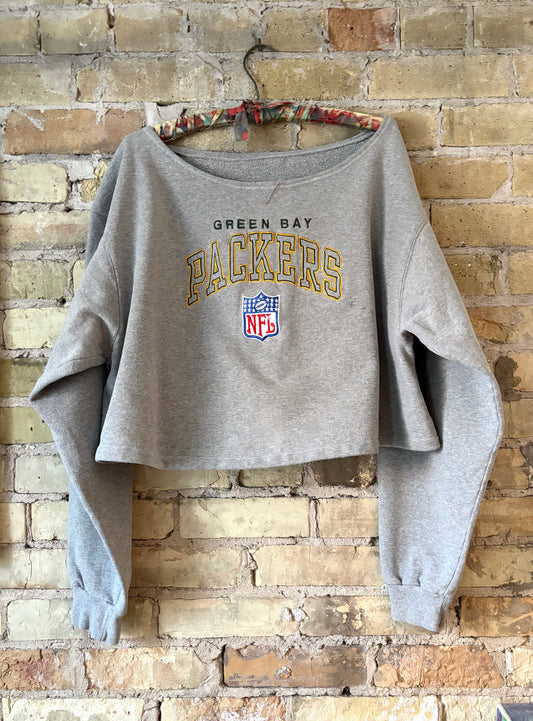 Reworked 90s Cropped off the shoulder Packers GameDay sweatshirt