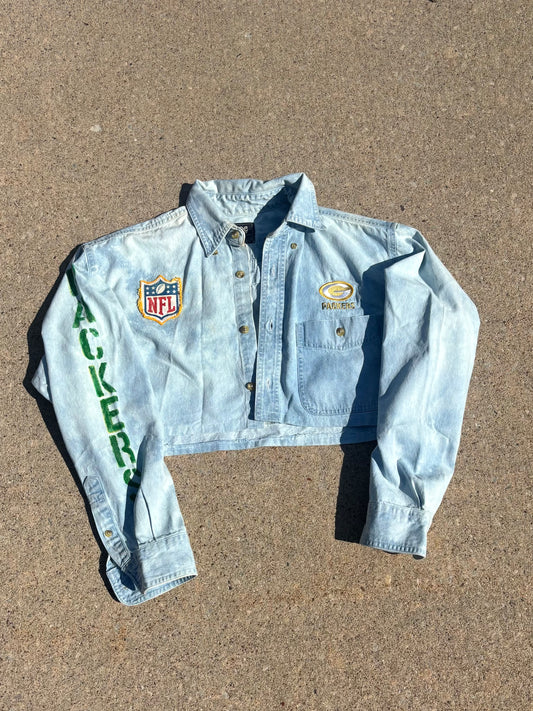 90’s Retro distressed Game Day Crop Top Denim Shirt