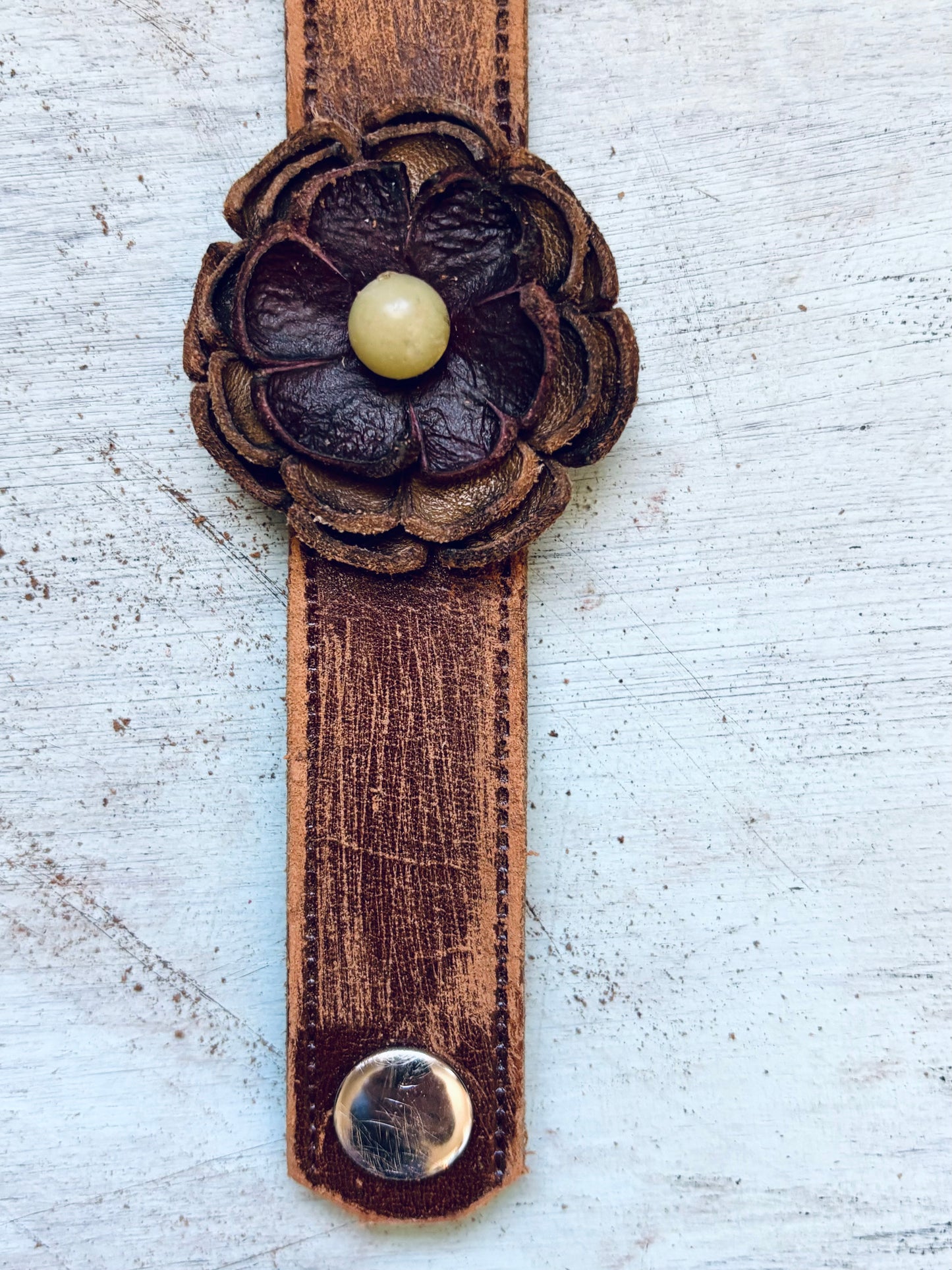 Handmade Distressed Leather Flower Bracelet