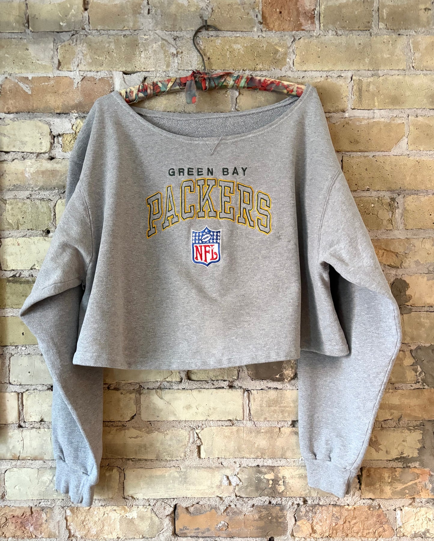 Reworked 90s Cropped off the shoulder Packers GameDay sweatshirt