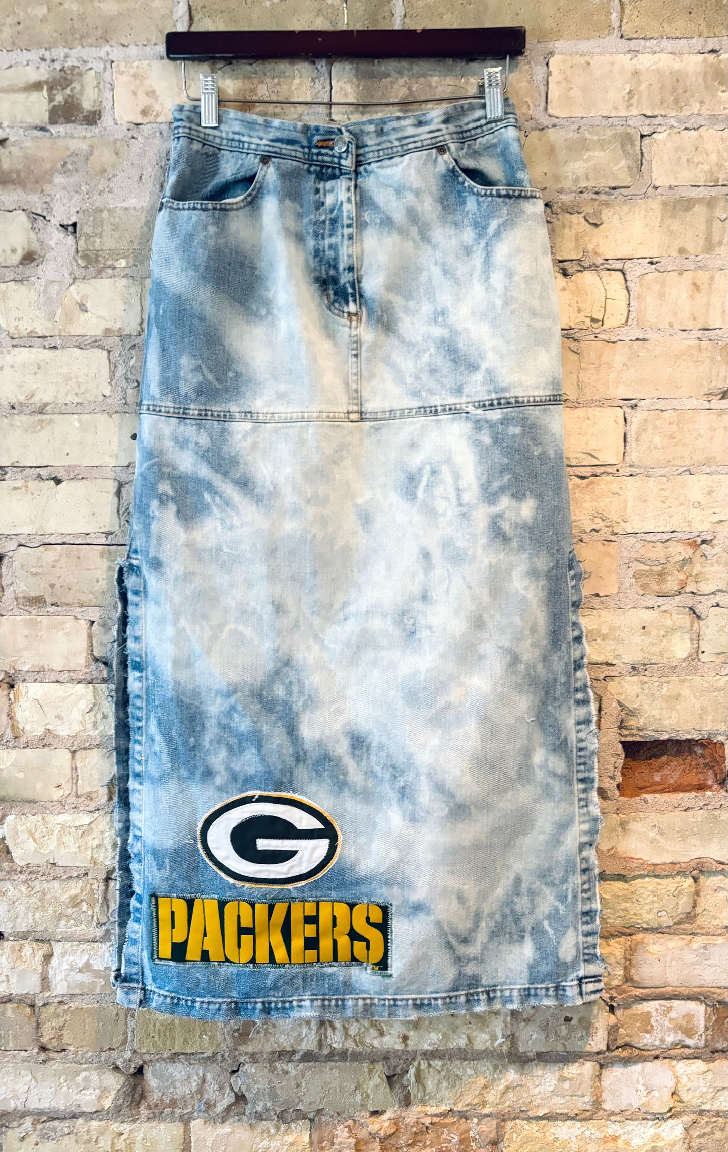 Reworked vintage distressed Midi Slit Game Day Packers skirt