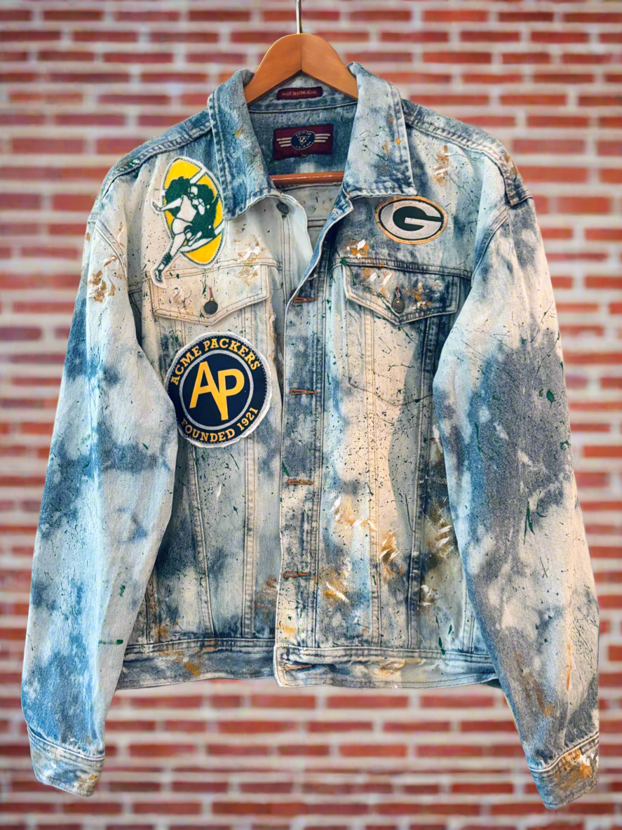 Reworked Vintage Distressed Stone Washed Game Day Trucker Denim Jean Jacket
